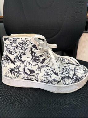 NOBULL White Canvas High-Top Sneakers with Black Floral Print